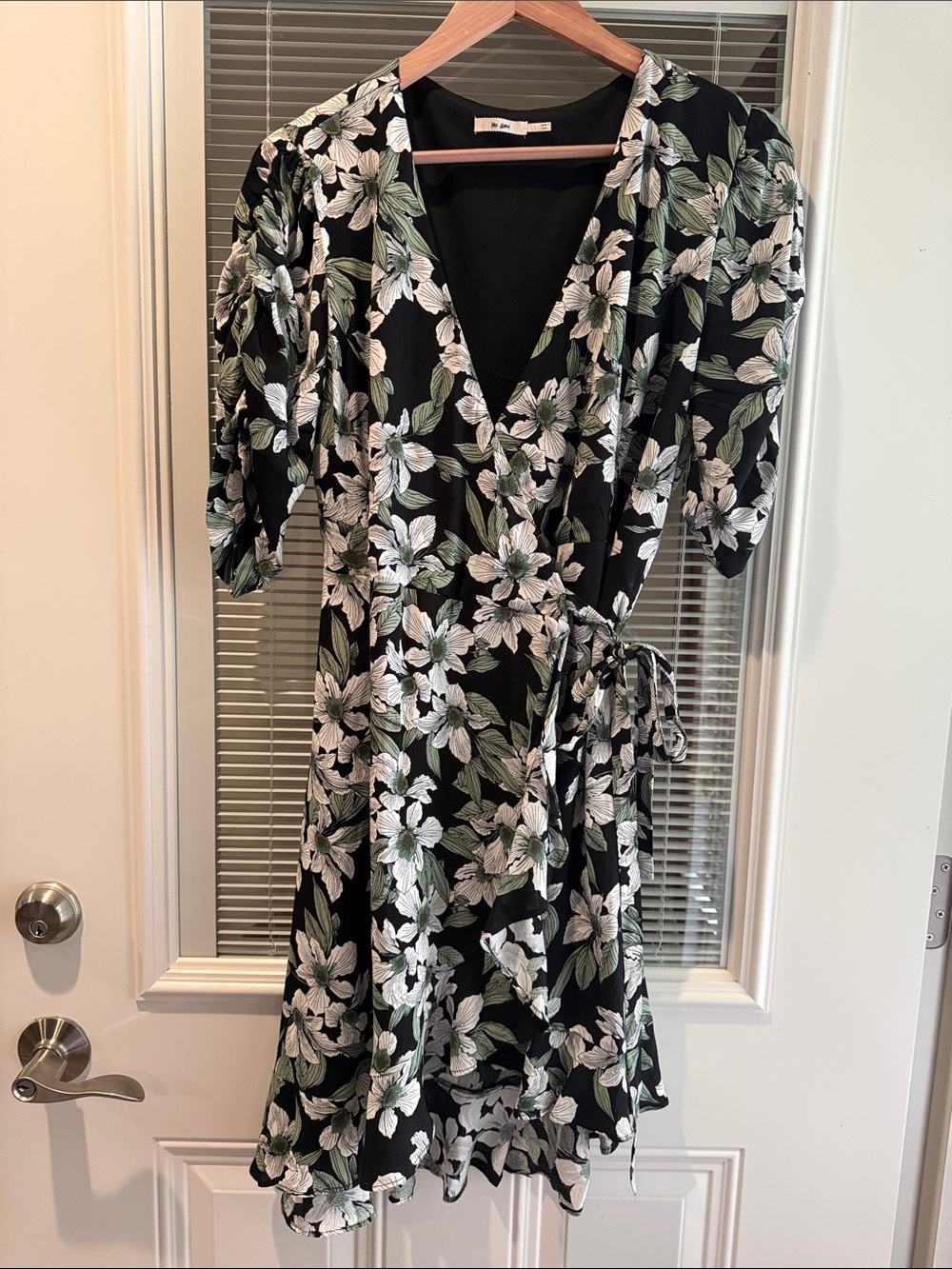 Mi Ami Black Floral Wrap Mini Dress with White and Green Print